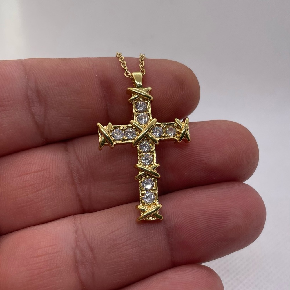 14k yellow gold plated cross necklace pendant simulated lab diamonds